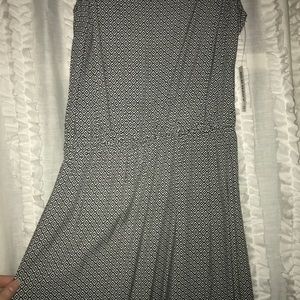 A spring dress with a navy blue and white pattern